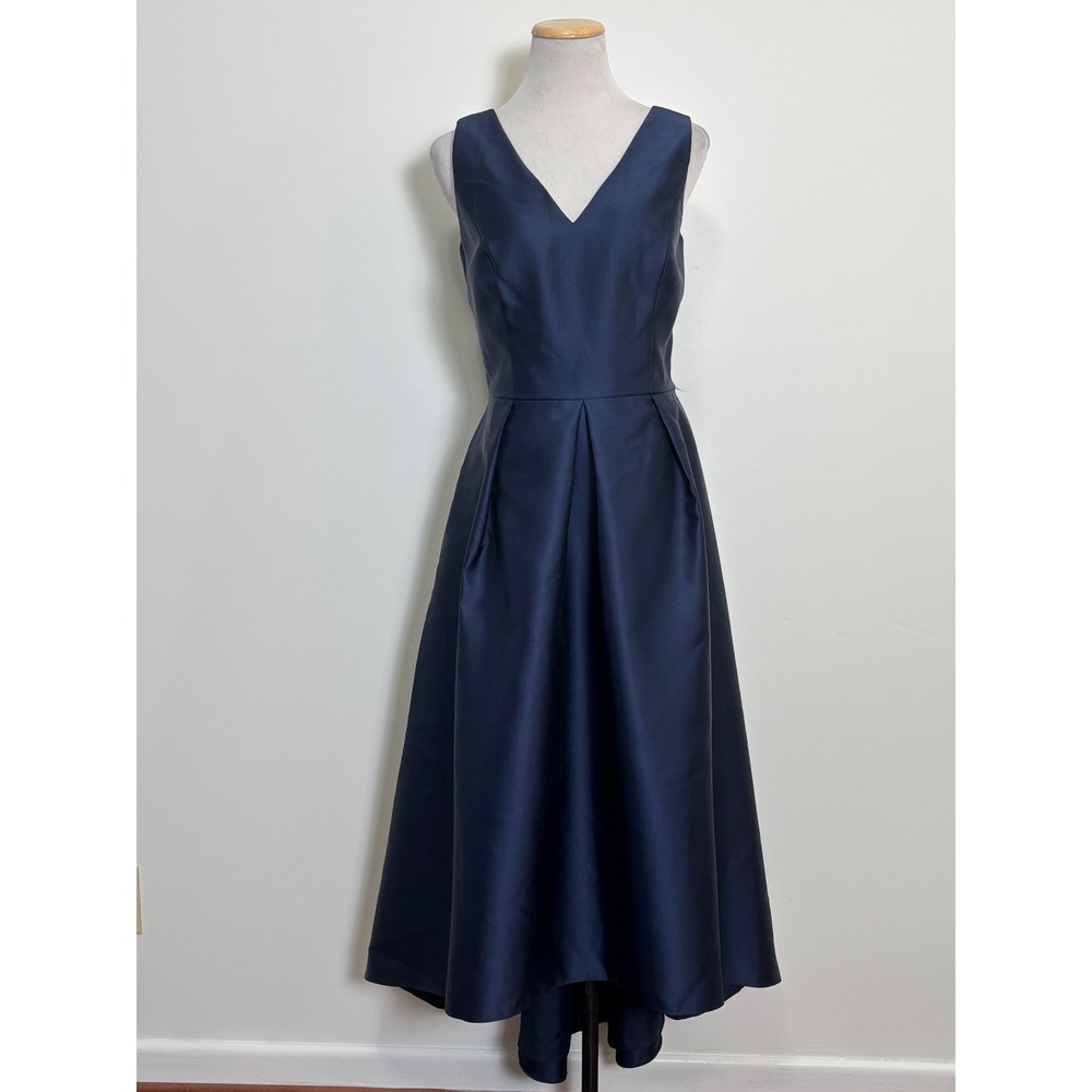 Alfred Sung High Low V-Neck Dress D723S Size 12 Midnight Navy Formal Bridesmaid